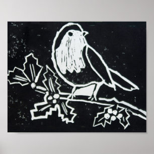 Poster Red Robin Natal com Holly em Preto e Branco