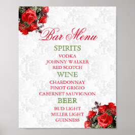 Pôster Red Rose Floral Wedding - Bar Menu