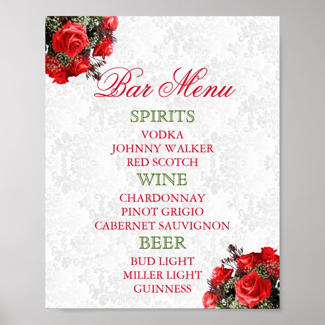 Pôster Red Rose Floral Wedding - Bar Menu (Frente)