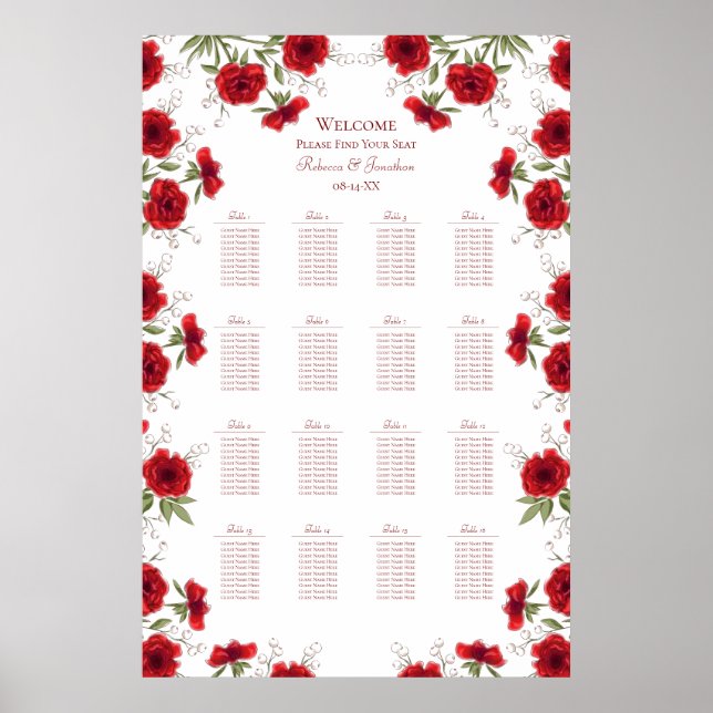 Poster Red Rose Romantic Wedding Seating Chart (Frente)