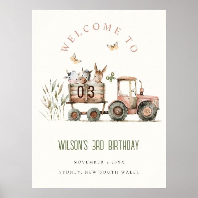 Poster Red Rust Farm Animais Trator Kid Birthday (Frente)