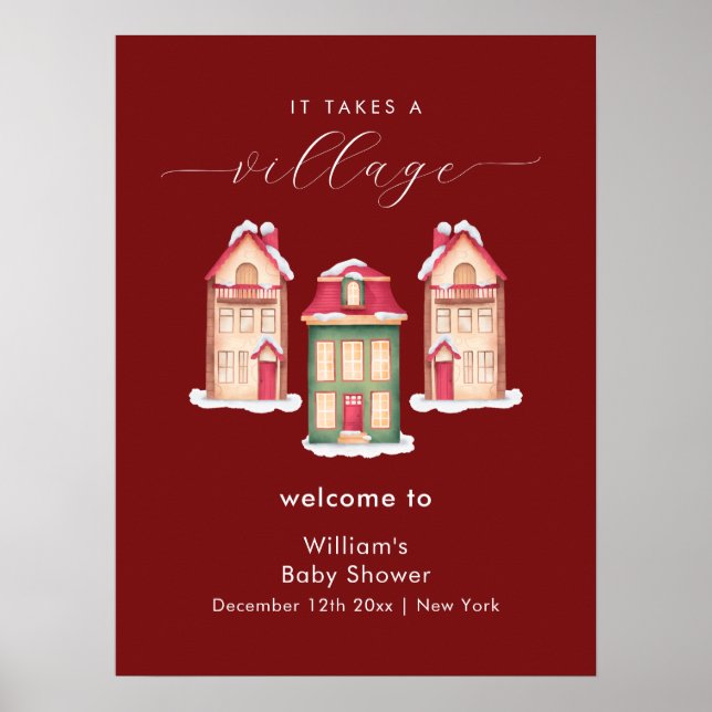 Poster Red Snow Gingerbread Village Baby Shower Welcome (Frente)