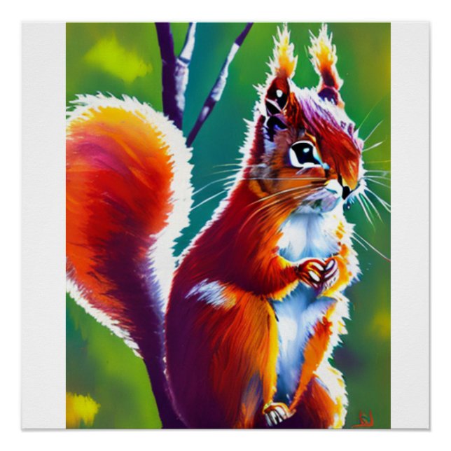 Pôster Red Sqirrel Sentado no Ramal de uma Floresta (Frente)