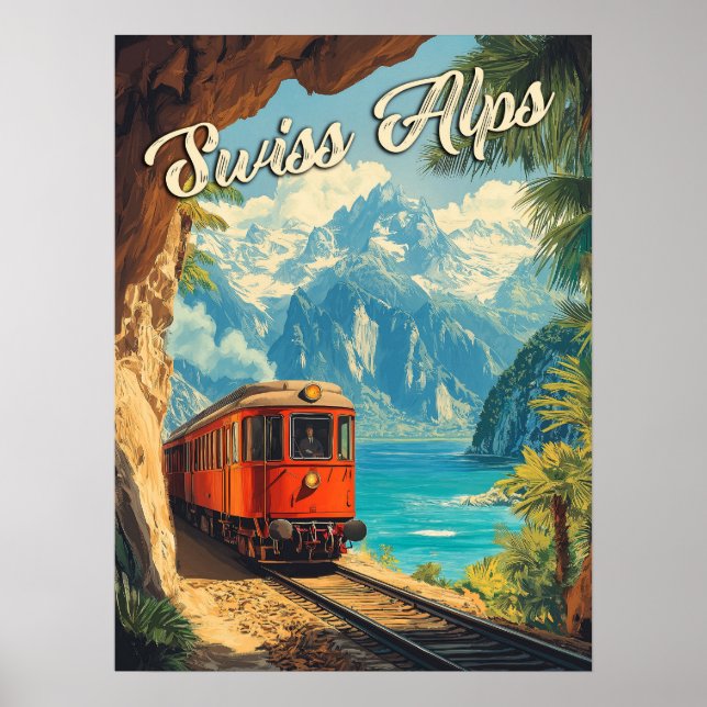 Poster Red Steam Locomotive Souvenir: Vintage Alpes Suíço (Frente)