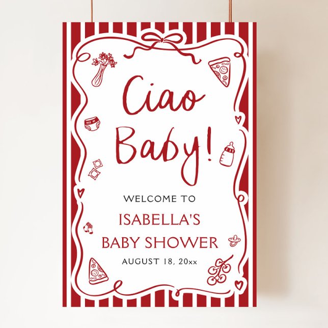 Poster Red Stripes - Chá de fraldas de Bebê italiano Ciao (Red Stripes Hand Drawn Italian Ciao Baby Baby Shower Welcome Sign )