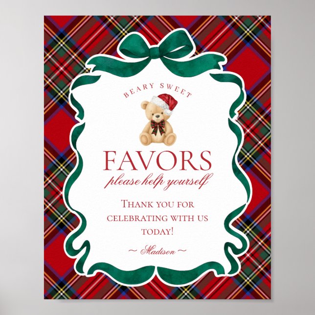 Poster Red Tartan Plaid Christmas Bear Party Favor Sign (Frente)
