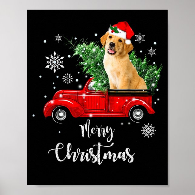 Poster Red Truck Merry Christmas Tree Golden Retriever Ch (Frente)