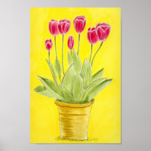 Poster Red tulips in a pot  (Frente)