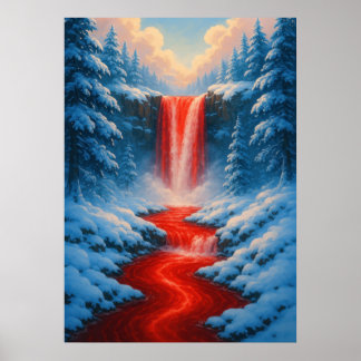 Poster Red Waterfall na paisagem da fantasia da neve no i