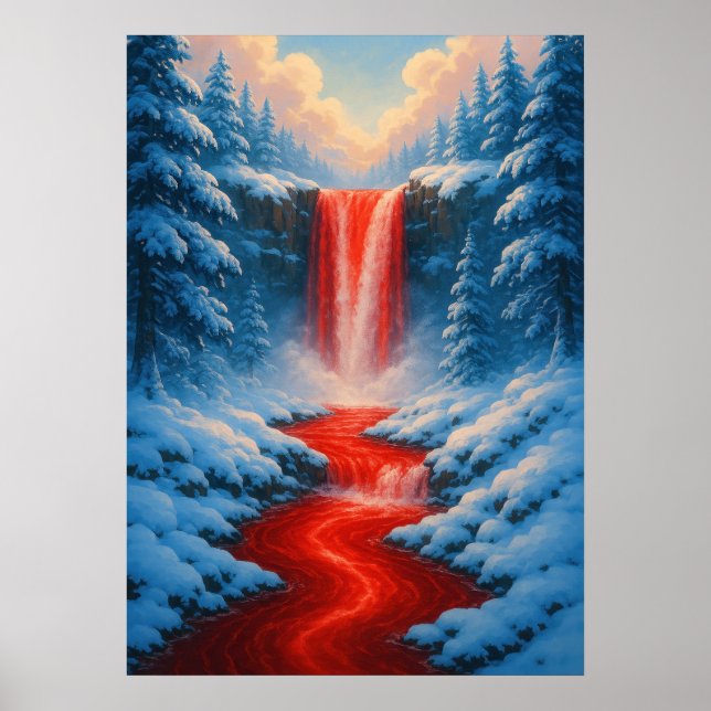 Poster Red Waterfall na paisagem da fantasia da neve no i (Frente)