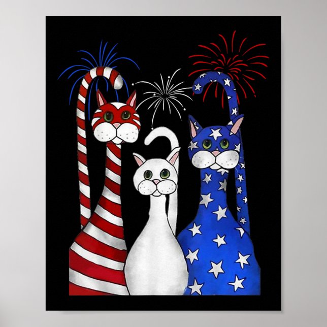 Poster Red White Blue Cats Usa Flag Firework 4 De Julho (Frente)