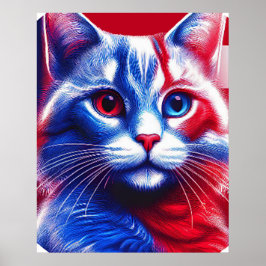 Poster Red White E Blue Neon Cat Com Bandeira Anerica