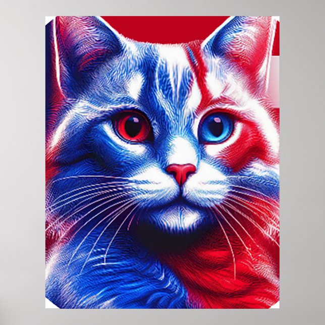 Poster Red White E Blue Neon Cat Com Bandeira Anerica (Frente)