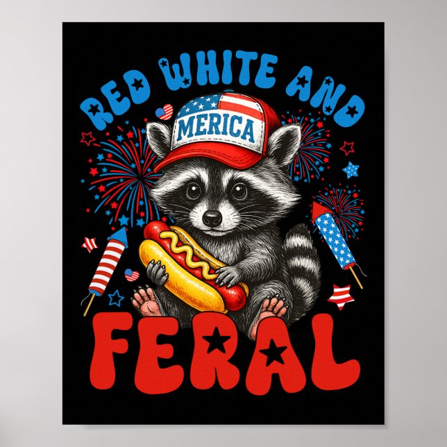 Poster Red White E Feral Funny Raccoon Usa 4 De Julho (Frente)