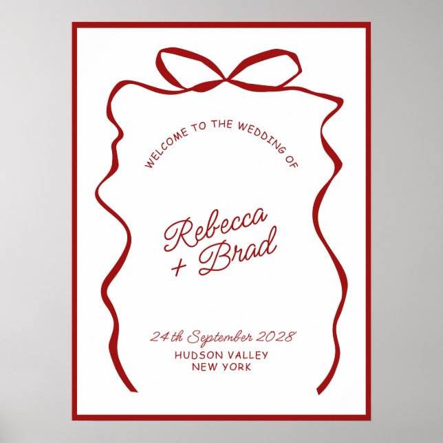 Poster Red & White Hand Drawn Bow Wedding Welcome Sign (Frente)