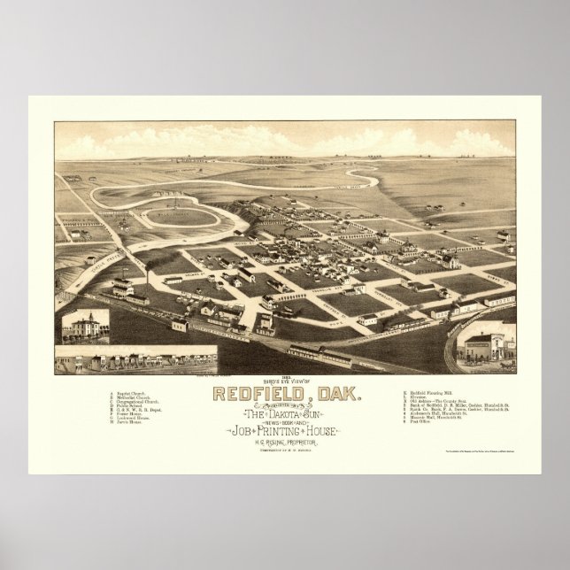 Pôster Redfield, SD Mapa Panorâmico - 1883 (Frente)