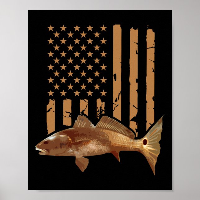 Poster Redfish Fishing Red Drum Tailing Usa American Flag (Frente)