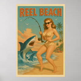 Poster Reel Beach Shark Fishing Pin Up -Retro Coastal Ar