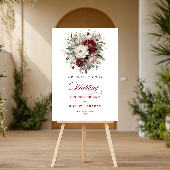 Poster Refinado Floral de Borgonha Eucalipto Casamento Do (Create a beautiful first impression with this elegant wedding welcome sign / poster, featuring water)