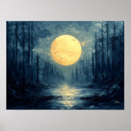 Poster Reflexão da Floresta ao Luar – Azul e Dourado Abst