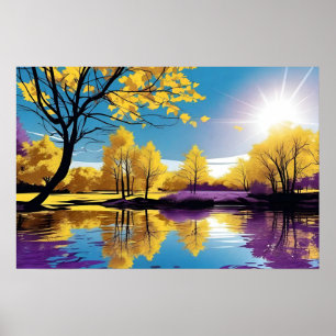 Poster Reflexão de Árvore Roxa e Amarela em Lago Pacífico