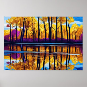 Poster Reflexão do Lago Púrpura Amarelo-Laranja Folhagem
