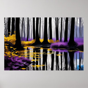 Poster Reflexão entre Árvores Negras e Brancas e Roxo Ama