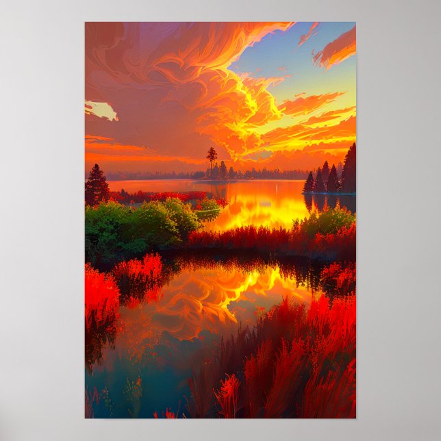 Poster Reflexão Fiery Sunset, Lago Bathed em Crimson (Frente)