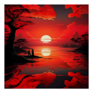 Pôster Reflexão Red Sunset - Arte Natureza Pacífica