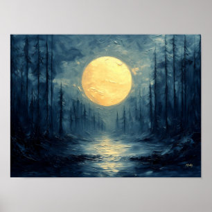 Poster Reflexo da Floresta ao Luar – Azul e Dourado Abstr
