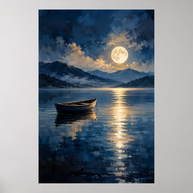 Poster Reflexo da Lua no Barco de Madeira Sereno (Frente)