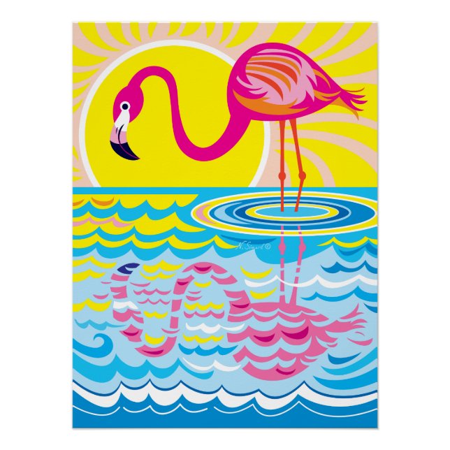 Pôster Reflexo do Flamingo Rosa (Frente)