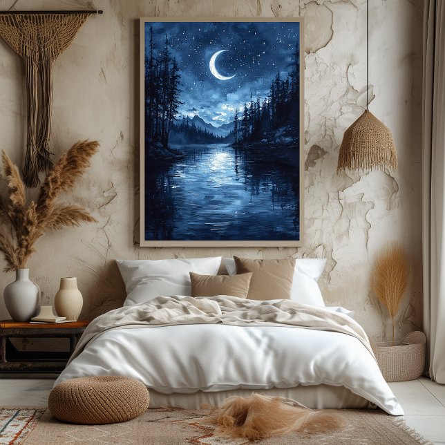 Poster Reflexo do Lago ao Luar em Azul Monocromático (Criador carregado)