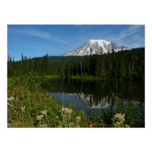 Pôster Reflexo do Lago Monte Rainier com Flores Silvestre