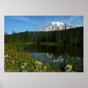 Poster Reflexo do Lago Monte Rainier com Flores Silvestre