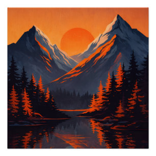 Pôster Reflexo do Pôr do Sol na Montanha com Céu Laranja