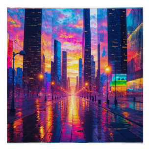 Pôster Reflexões de Neon Cityscape no Sunset Futurístico