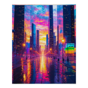 Pôster Reflexões de Neon Cityscape no Sunset Futurístico