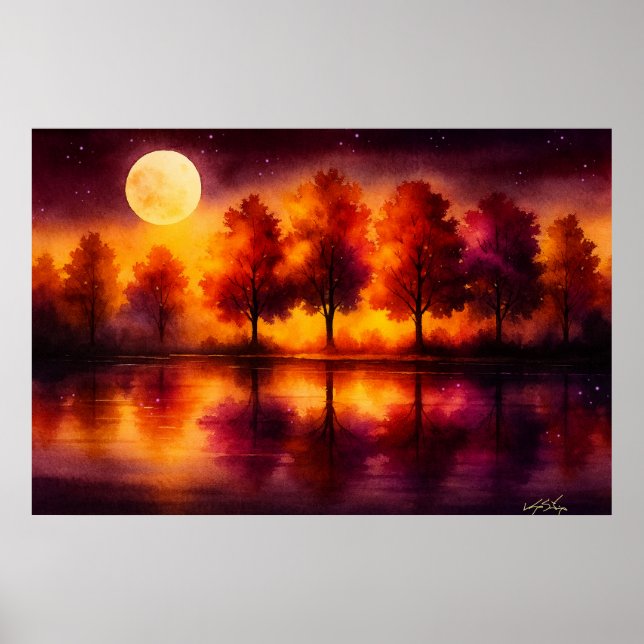 Poster Reflexos Outonais ao Luar: Floresta Noturna (Frente)
