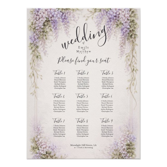 Pôster Regency Wisteria Wedding Seating Chart Poster (Frente)