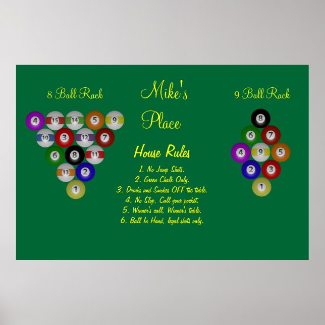 Pôster Regras de Piscina da Billiard House (Frente)