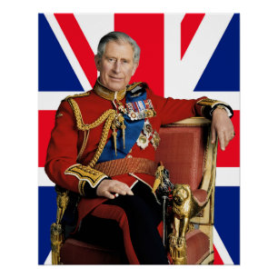 Pôster Rei Carlos III com bandeira britânica