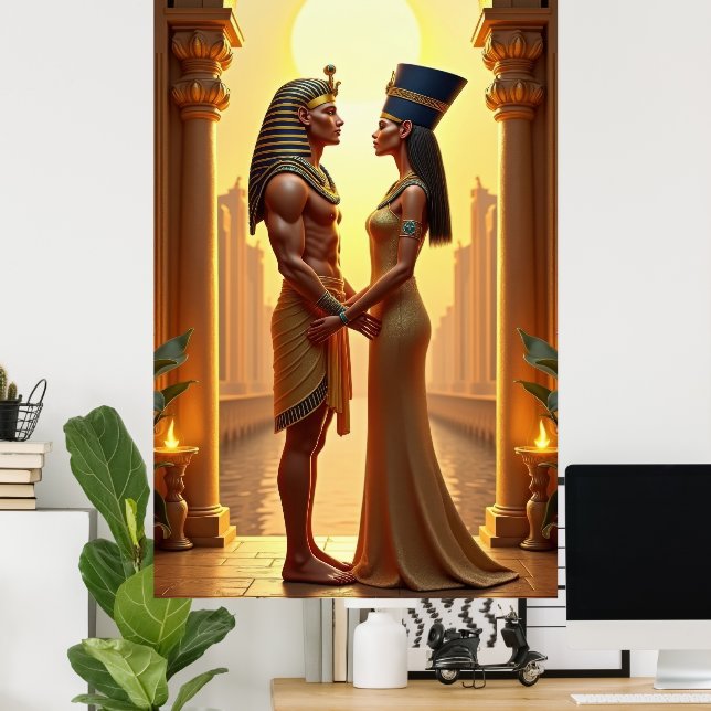 Poster Rei Tutancâmon e Rainha Nefertiti em pé (Escritório em casa)
