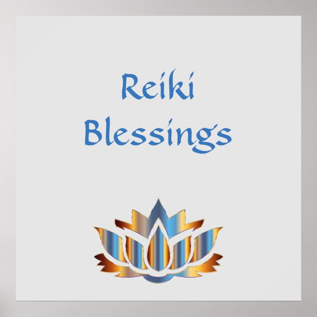 Pôster Reiki Blessings Flor de lótus branco/Dourado/azul (Frente)