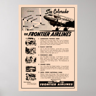 Pôster Reimpressão de anúncios de Frontier Airlines 1950