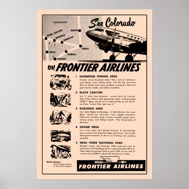 Pôster Reimpressão de anúncios de Frontier Airlines 1950 (Frente)