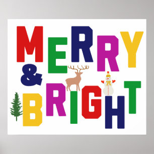 Poster Reindeer feliz e pinheiro brilhante Snowman