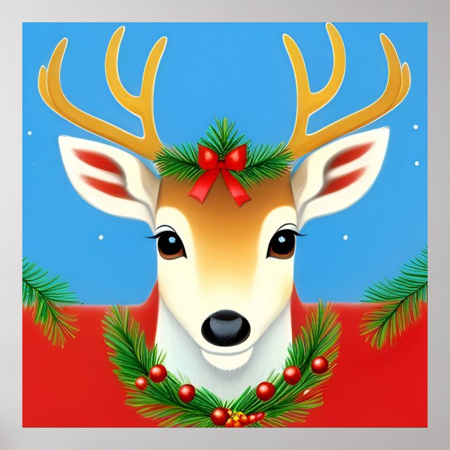 Poster Reindeer Festivo com Foliday Wreath (Frente)