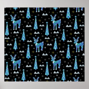 Poster Reindeer, flocos de neve, padrão de Natal