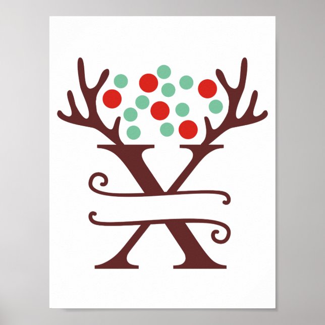 Poster Reindeer Personalizado - Letra X Dividir Monograma (Frente)